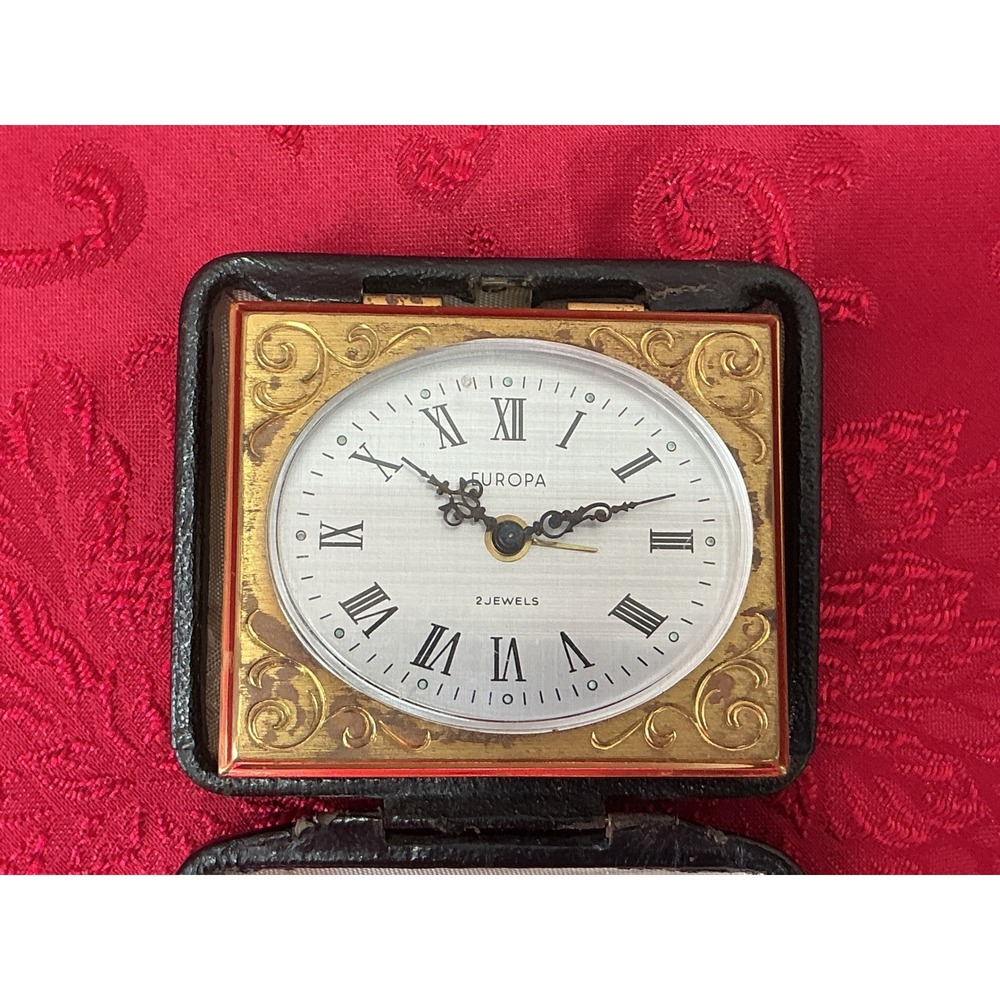 Vintage Europa 2 Jewels Travel Alarm Clock Gold Tone Roman Numerals Black Case